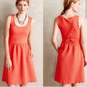 Anthropologie Coral Scallop-Edge Knit Fit-and-Flare Dress